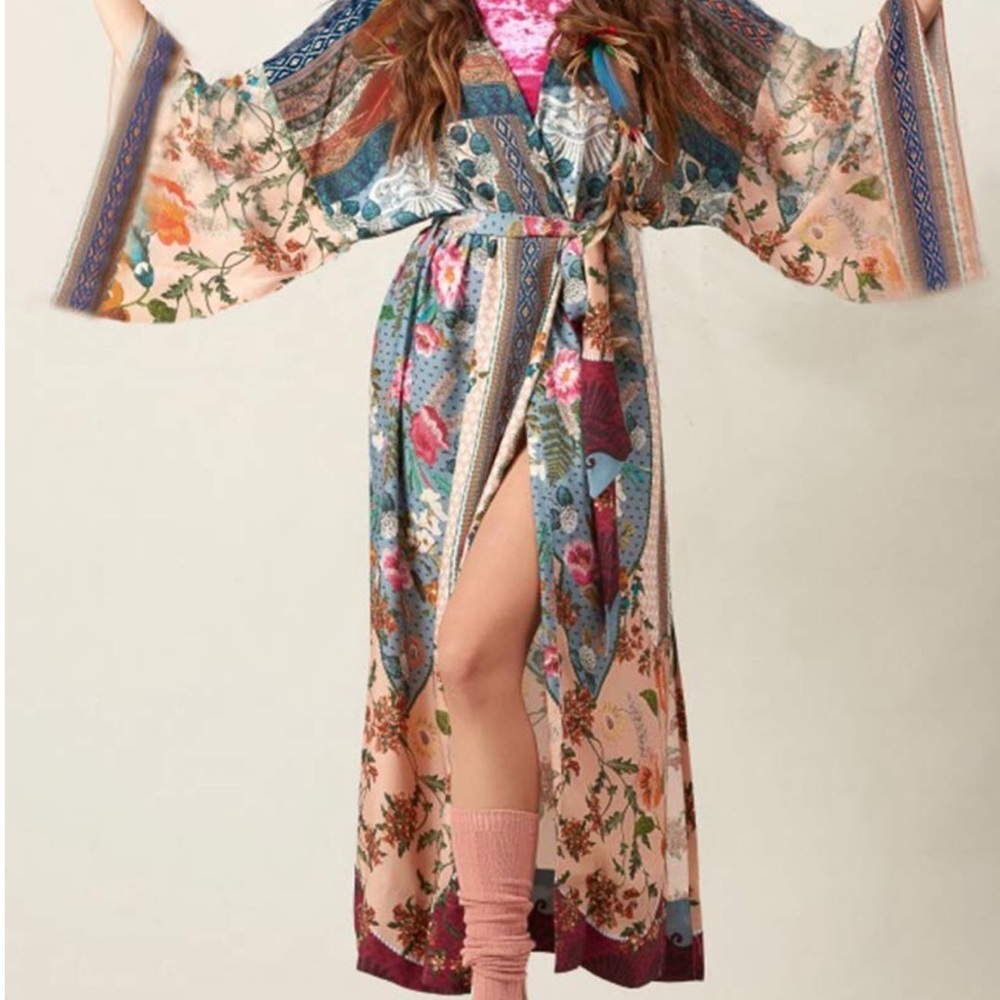 Boho multicolored kimono rap cover up